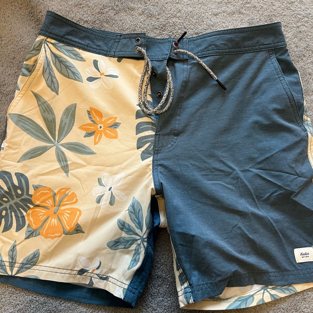 Katin Two-Tone Floral Board Shorts in Blue & Cream with Orange Accents